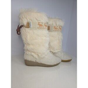 Tecnica Goat Fur Cream Mid Calf SnowBoots Leather Detail Embroidered Moose Sz 37